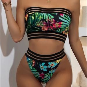 Tropical Bandeau High Waisted Bikini Swimsuit